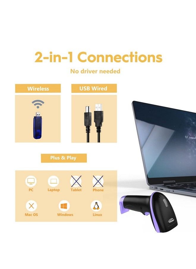 NADAMOO - Wireless Barcode Scanner 328 Feet Transmission Distance Usb Cordless 1D Laser Automatic Barcode Reader Handhold Bar Code Scanner With Usb Receiver For Store Supermarket Warehouse Violet - Image 1