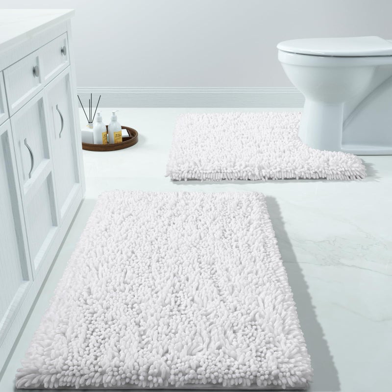 Yimobra Bathroom Rugs Sets 2 Piece  Luxury Shaggy Extra Thick Bathroom Rugs  Plush Non-Slip Mats for Bath Room Floor  U-Shaped Toilet Mat  Ultra Absorbent  31.5 x 19.8 + 24.4 x 20.4 Inches White - Image 1