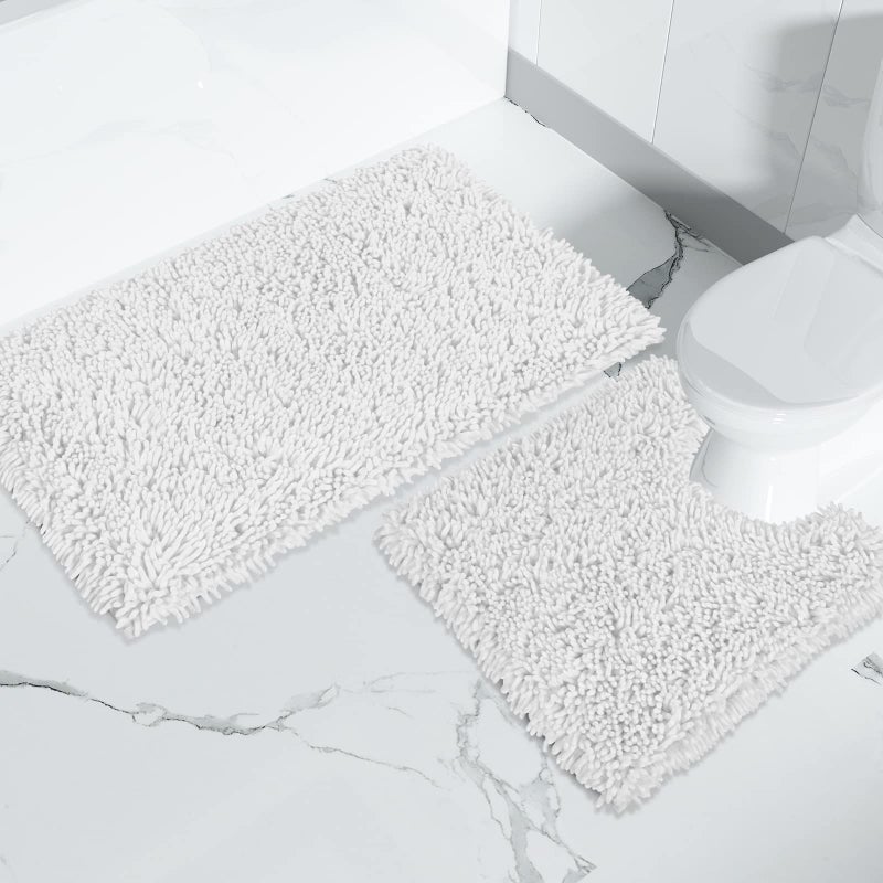 Yimobra Bathroom Rugs Sets 2 Piece  Luxury Shaggy Extra Thick Bathroom Rugs  Plush Non-Slip Mats for Bath Room Floor  U-Shaped Toilet Mat  Ultra Absorbent  31.5 x 19.8 + 24.4 x 20.4 Inches White - Image 3