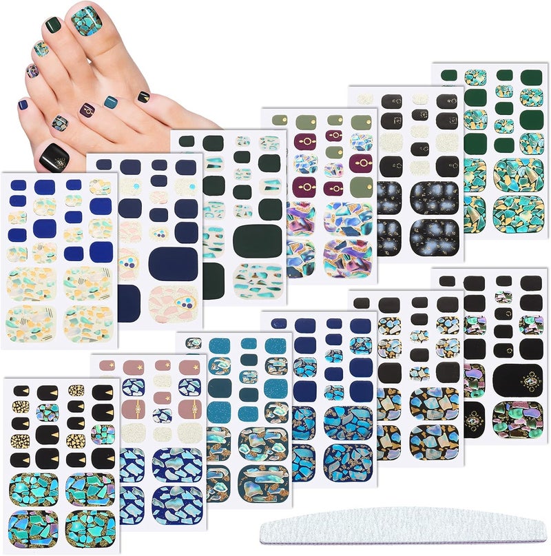 Maitys 264 Pieces 12 Sheets Toe Nail Stickers Self Adhesive Full Nail Wraps Toenail Art Polish Stickers Strips Manicure Accessories Glitter Decals with 1 PC File for Women Girls(Minimalist Style)