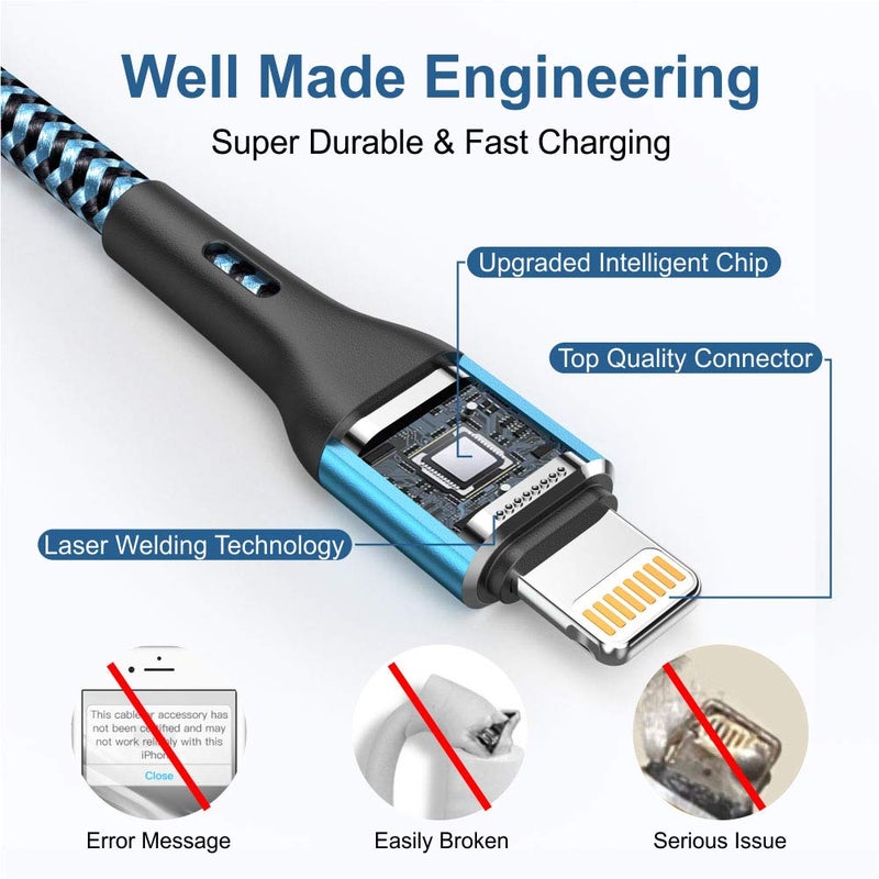 Durcord iPhone Charger 6FT/6/3/1.5, Lightning Cable Fast Charging Cable Nylon Braided Cord Compatible with iPhone 14/13/12/11 Pro Max/XS MAX/XR/XS/X/8/7/Plus/6S/6/SE/5S/iPad - Image 3
