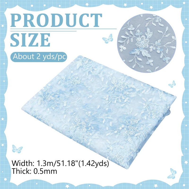 NBEADS 2 Yards Embroidered Flower Fabric, 51inch Polyester Mesh Embroidered Lace Trim Embroidery Tulle Fabric Garment Accessories for Dress Table DIY Crafts Curtain Home Vintage Decor, Light Blue - Image 2