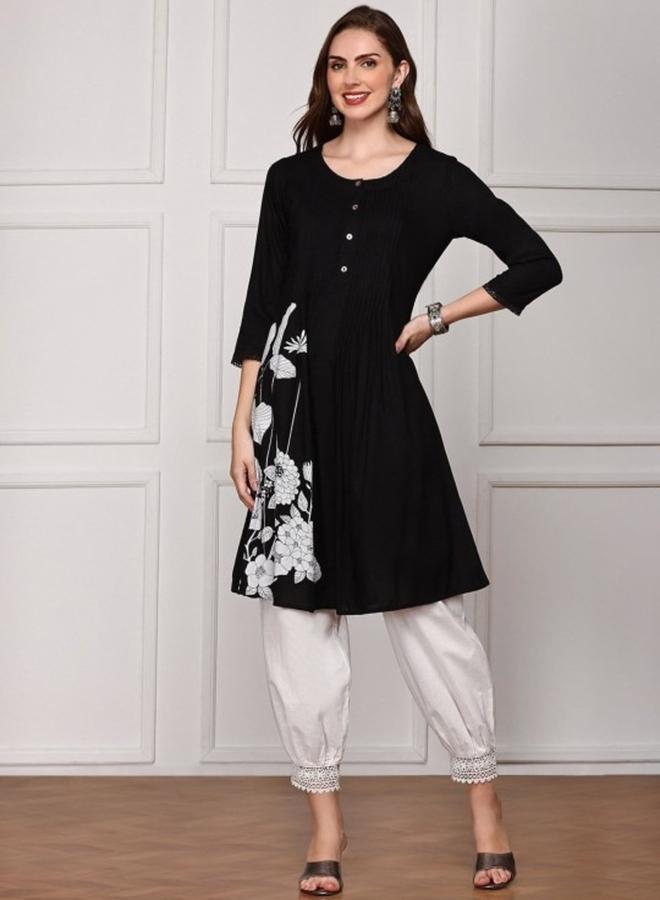 ISHIN Women's Black Rayon Printed Tunic Straight Fit Kurta - Image 1