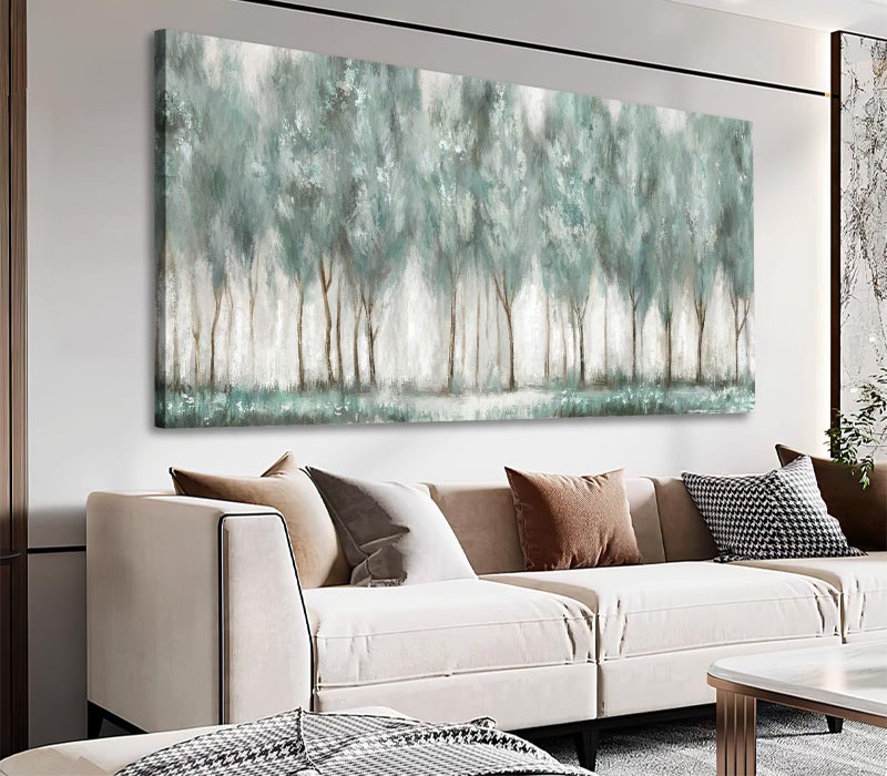 NINEASO Abstract Forest Canvas Wall Art - Grey Teal Foggy Trees Pictures Abstract Misty Woods Wall Decor Modern Botanical Painting Print Artwork for Living Room Bedroom Home Office Decor 20" x 40" - Image 1