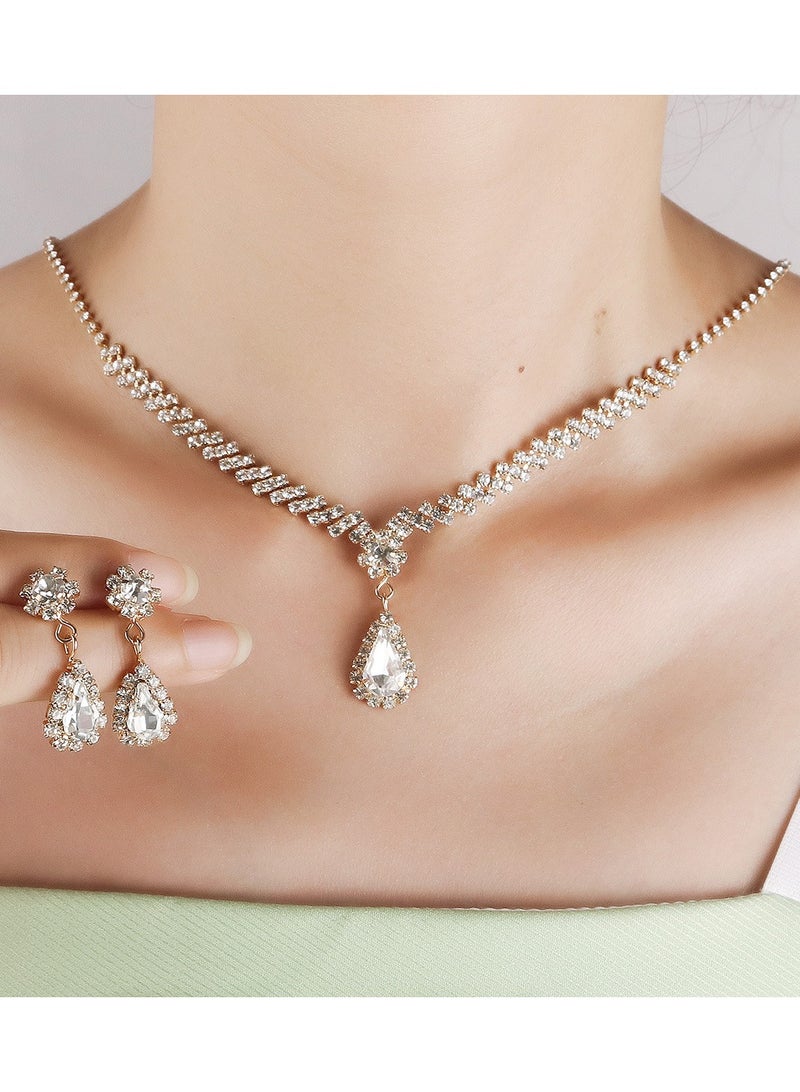 Diamond-encrusted jewelry set, women's light luxury dinner dress, accessories, large drops, rhinestone necklaces, earrings, two-piece set - Image 2