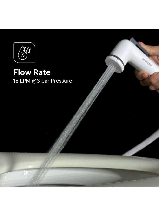 شطاف ايطالي مع خرطوم PVC بطول 1 متر وعلّاقة حائط – مرش دش ABS عالي الجودة للمرحاض – لون أبيض – ضمان 3 سنوات – مدى دوران 360 درجة – معدل تدفق 18 لتر/دقيقة  - Image 3
