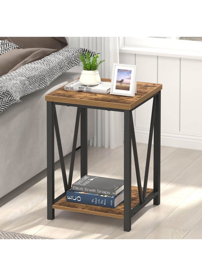 EXCEFUR End Table, Square Side Tables for Living Room, Industrial Metal and Wood Nightstand for Bedroom, Rustic Brown - Image 1