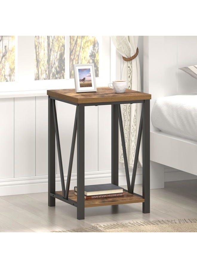 EXCEFUR End Table, Square Side Tables for Living Room, Industrial Metal and Wood Nightstand for Bedroom, Rustic Brown - Image 2