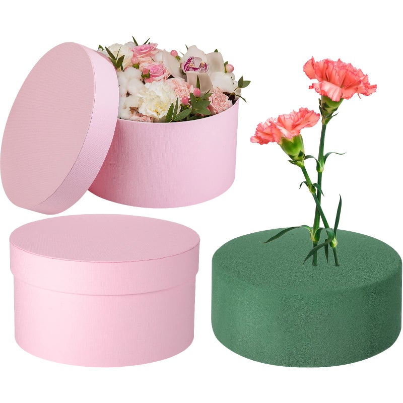 Nuenen Gift Boxes with Lids Floral Foam Set Round Boxes Flower Arrangements Supplies Round Floral Foam for Flowers for Mother's Day Bridesmaid Wedding(Pink) - Image 1
