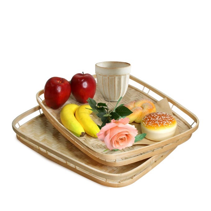 Set of 2 Bamboo Wicker Serving Trays for Foods Drinks Rectangular Breakfast Lap Trays with Handles Wooden Decorative Platters for Coffee Table Bed Eating Standard Size