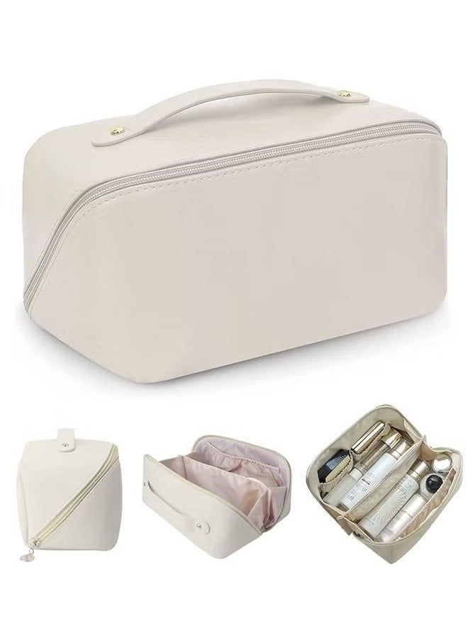 حقيبة مستحضرات تجميل للسفر ذات سعة كبيرة ، حقيبة مكياج تخزين متعددة الوظائف ، حقيبة مكياج جلدية PU ، مع مقبض ومقسم حقائب مستحضرات تجميل للسفر للنساء (أبيض) - Image 1