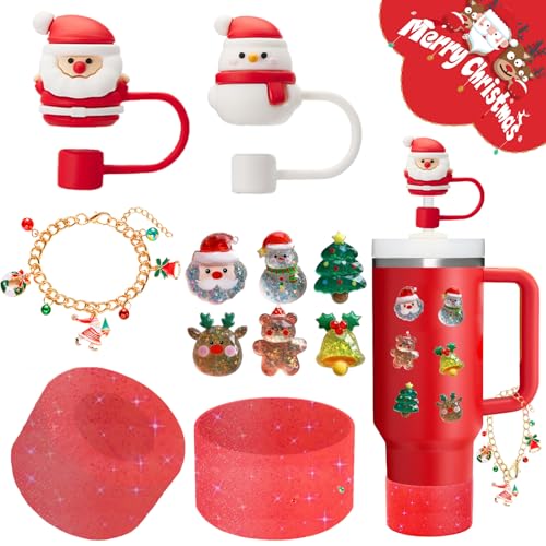 vikgle Christmas Stanley Cup Accessories Set,Including 2 Pcs 0.4in Christmas Straw Toppers, 8 Pcs 3D Stickers, 1 Pcs Handle Charm, 1 Silicone Boot Fits Stanley 40&30 Oz Tumbler (Glitter red) - Image 1
