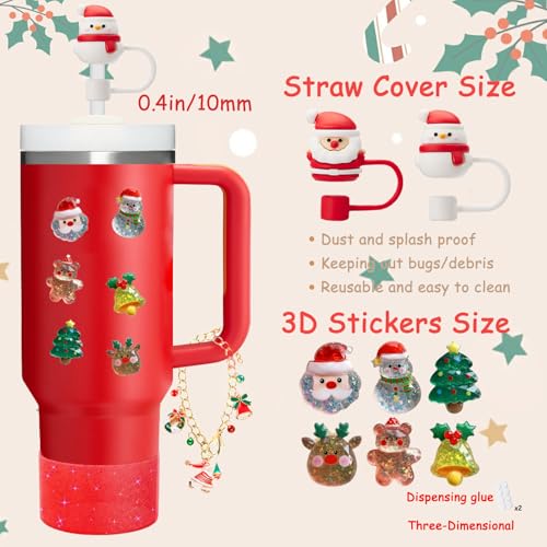 vikgle Christmas Stanley Cup Accessories Set,Including 2 Pcs 0.4in Christmas Straw Toppers, 8 Pcs 3D Stickers, 1 Pcs Handle Charm, 1 Silicone Boot Fits Stanley 40&30 Oz Tumbler (Glitter red) - Image 3