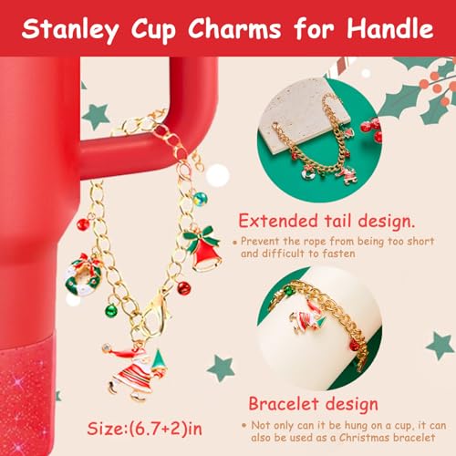 vikgle Christmas Stanley Cup Accessories Set,Including 2 Pcs 0.4in Christmas Straw Toppers, 8 Pcs 3D Stickers, 1 Pcs Handle Charm, 1 Silicone Boot Fits Stanley 40&30 Oz Tumbler (Glitter red) - Image 4