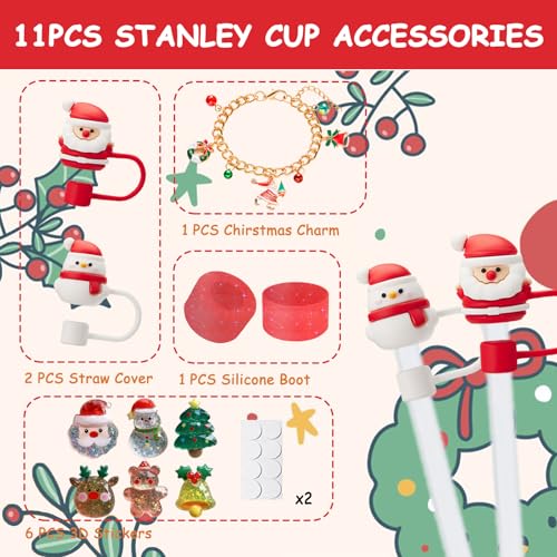vikgle Christmas Stanley Cup Accessories Set,Including 2 Pcs 0.4in Christmas Straw Toppers, 8 Pcs 3D Stickers, 1 Pcs Handle Charm, 1 Silicone Boot Fits Stanley 40&30 Oz Tumbler (Glitter red) - Image 2