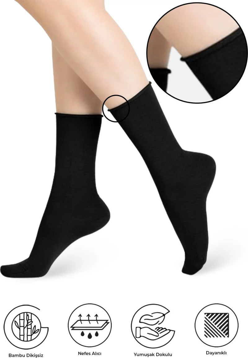 سايسيز Bamboo Women's Elasticless Black Socket Seamless Premium Socks 3-Pack / Non-Marking / Non-Squeezing Socks