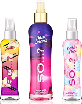 So..? Body Mist by So Womens Candy Floss Vanilla 100ml Ibiza Dreams 200ml Body Mist Mixed Fragrance Spray Bundle Pack of 3 - Image 1