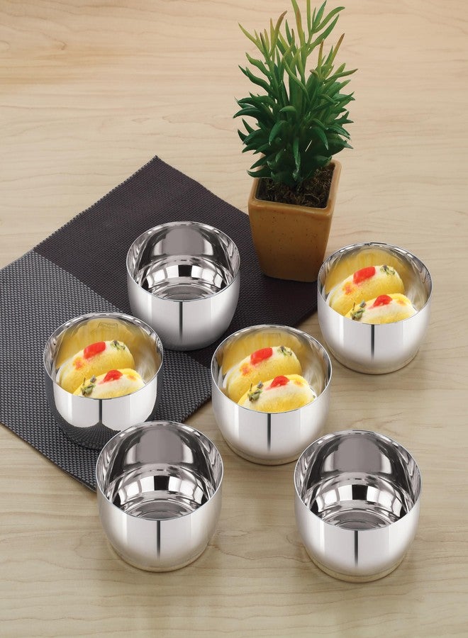 Priya Stainless Steel Ruby Veg Bowl & Sweet Dish Combo - Medium Size, Set of 6 Pcs, Katori, Wati, Halva Plate, Ice Cream Serving Bowls, Durable, Rust-Resistant, Ideal for Desserts & Meals - Image 4