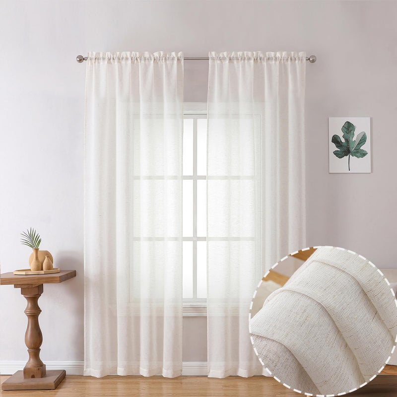 OWENIE Linen Blend Sheer Curtains 84 inches Long 2 Panels Set for Bedroom, Natural Linen Light Filtering Semi Sheer Cutain for Living Room Rod Pocket Drapes, 2pcs, Each 40 W x 84 L - Image 1