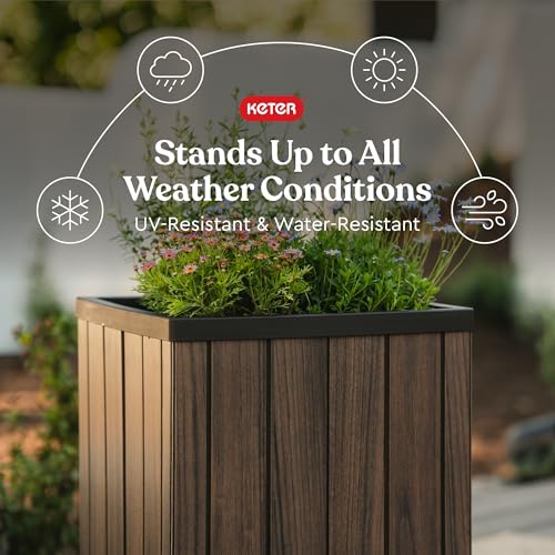 Keter Signature 21.6 Inch Tall Square Large Wood Look Planter for Indoor or Outdoor Flower Pot Ideal for Patio Deck and Front Porch Decor, Rosewood - Image 3