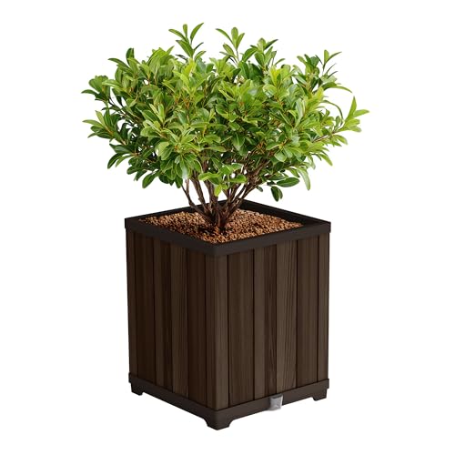 Keter Signature 21.6 Inch Tall Square Large Wood Look Planter for Indoor or Outdoor Flower Pot Ideal for Patio Deck and Front Porch Decor, Rosewood - Image 1