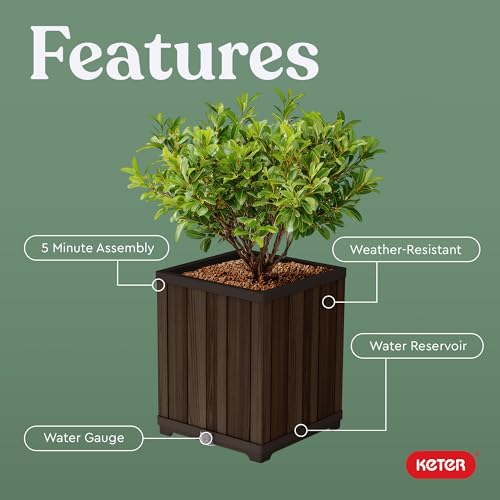 Keter Signature 21.6 Inch Tall Square Large Wood Look Planter for Indoor or Outdoor Flower Pot Ideal for Patio Deck and Front Porch Decor, Rosewood - Image 4