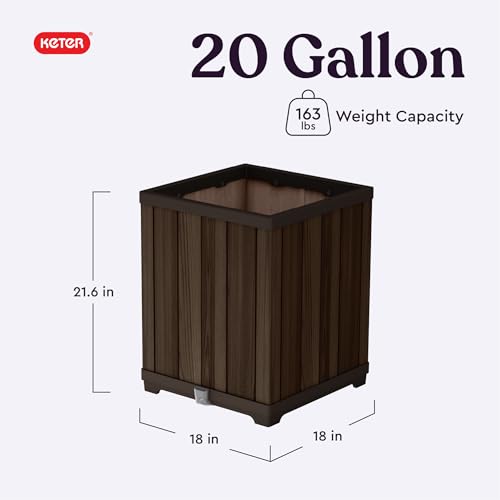 Keter Signature 21.6 Inch Tall Square Large Wood Look Planter for Indoor or Outdoor Flower Pot Ideal for Patio Deck and Front Porch Decor, Rosewood - Image 2