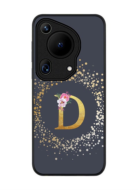 Rugged Black edge case for Huawei Pura 70 Ultra, Slim fit Case Flexible Cover - Custom Monogram Initial Letter Floral Pattern Alphabet - D (Grey )