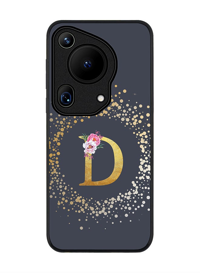 Rugged Black edge case for Huawei Pura 70 Ultra, Slim fit Case Flexible Cover - Custom Monogram Initial Letter Floral Pattern Alphabet - D (Grey )