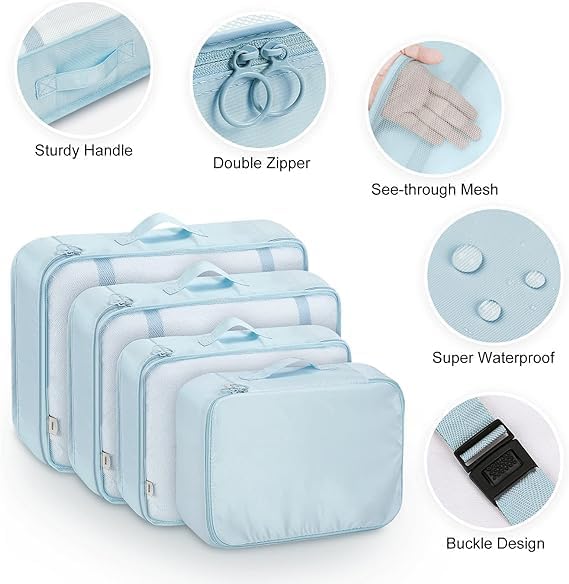 FLYNGO Nylon 8 Pcs Travel Organizer Pouch Packing Cubes For Clothes Space Savers Bags Cosmetics/Underwear/Socks/Shoes Toiletry Bag Laundry Organiser(Light Blue) - Image 3