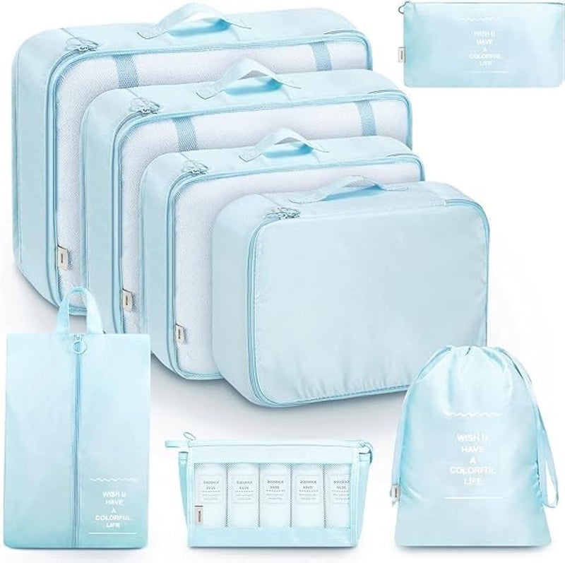 FLYNGO Nylon 8 Pcs Travel Organizer Pouch Packing Cubes For Clothes Space Savers Bags Cosmetics/Underwear/Socks/Shoes Toiletry Bag Laundry Organiser(Light Blue) - Image 1