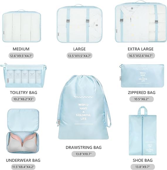 FLYNGO Nylon 8 Pcs Travel Organizer Pouch Packing Cubes For Clothes Space Savers Bags Cosmetics/Underwear/Socks/Shoes Toiletry Bag Laundry Organiser(Light Blue) - Image 2