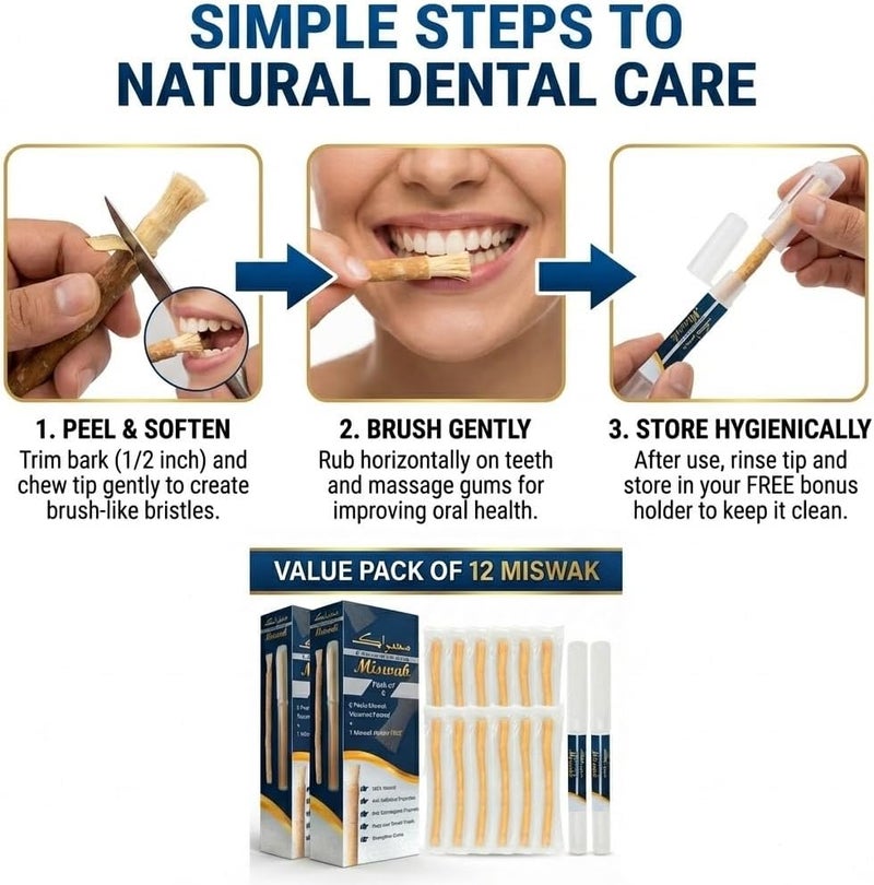 Natural Oral Care Miswak Sticks – Pack of 10 | Vacuum Sealed Freshness | Includes 2 Travel Pen Holders | Traditional Teeth Cleaning Sticks (12) - Image 3