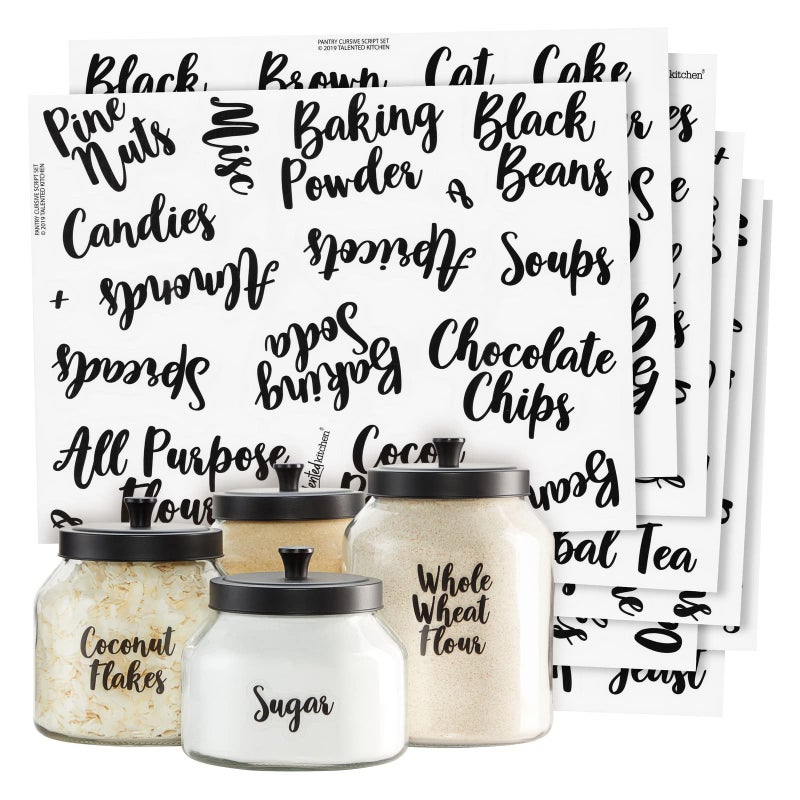 Talented Kitchen Labels for Food Containers - 135 Count, Preprinted Black Cursive on Clear Backing, Water-Resistant - Pantry & Kitchen Storage Labels for Jars & Bins - Easy Peel & Stick - Image 1