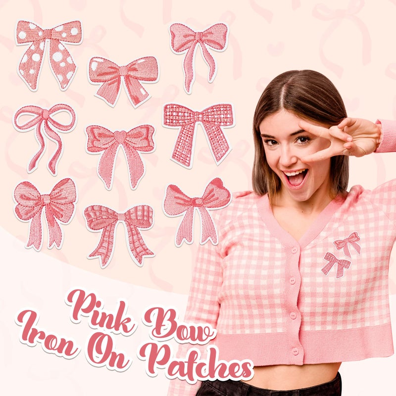 Kirako 9Pcs Pink Bow Iron On Patches Cute Buffalo Plaid Polka Dot Ribbon Bowknot Sew on Repair Embroidered Applique Coquette Bowcore Girly Aesthetic DIY Crafts Gift for Girls Women Clothing Backpack Hat - Image 4