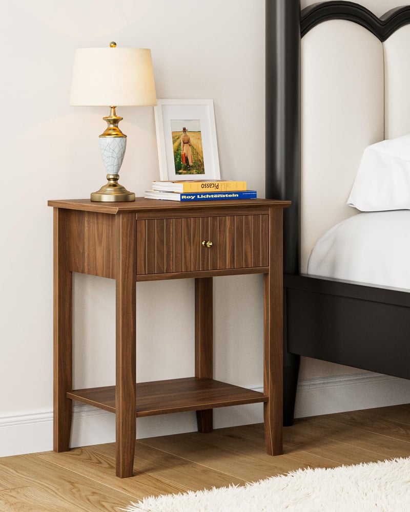 Apetaccat Fluted Nightstand, Farmhouse Night Stand with 1 Drawers, Mid Century Modern Side Accent Table,Bedside End Table for Bedroom, Living Room, Brown - Image 1