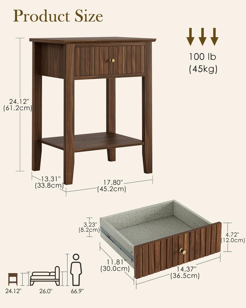Apetaccat Fluted Nightstand, Farmhouse Night Stand with 1 Drawers, Mid Century Modern Side Accent Table,Bedside End Table for Bedroom, Living Room, Brown - Image 2