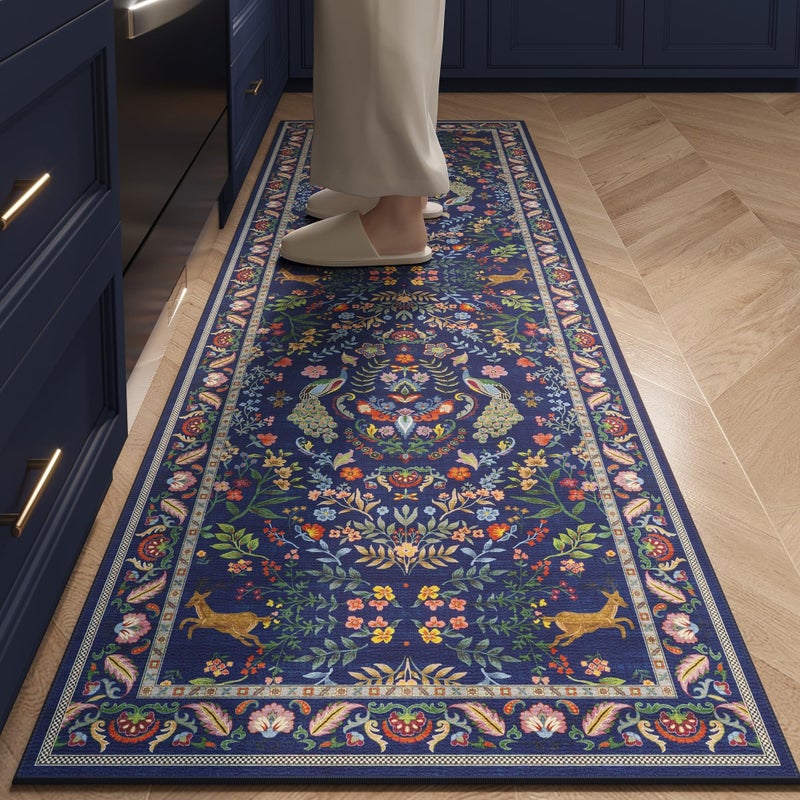 Rugcomf Runner Rug Washable Kitchen Runner 2'x 6'Runner Rug Floral Non-Slip for Entryway Indoor Soft Carpet Runner for Hallways, Kitchen, Laundry, Bedroom, Bathroom(Blue) - Image 1