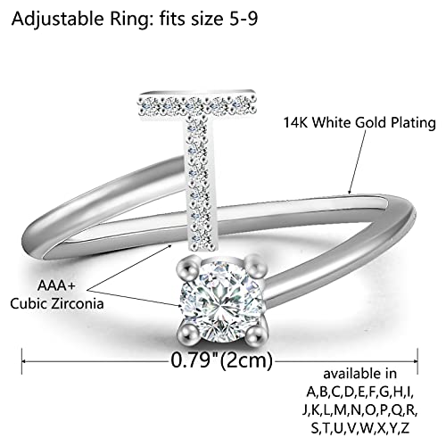 Haoze Silver initial Rings for Girls Women Dainty Gold Plated Adjustable Letter Rings for Teen Girls Stackable Alphabet Rings Birthday Gift for Girls Over 12 Years Old(T Silver) - Image 2