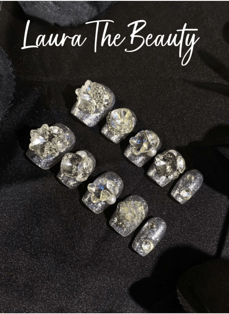 LauraTheBeauty - 【DreamDrop】10 Pcs Rhinestone Nail Art False Nails Short Square Fake Nails Press on Nails with Wearing Tools - Image 1