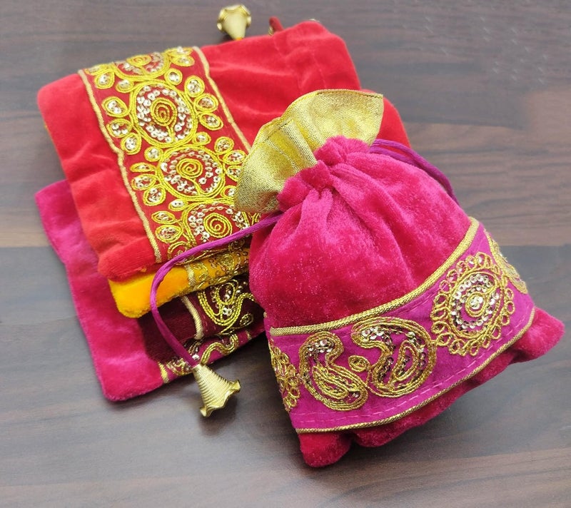 brown leaf Royal Premium 5X6 inch Velvet Potli Bags jewelry Pouch Best for Wedding Anniversary Party Supply Return Gifting Bags Pack Of 12 - Image 4