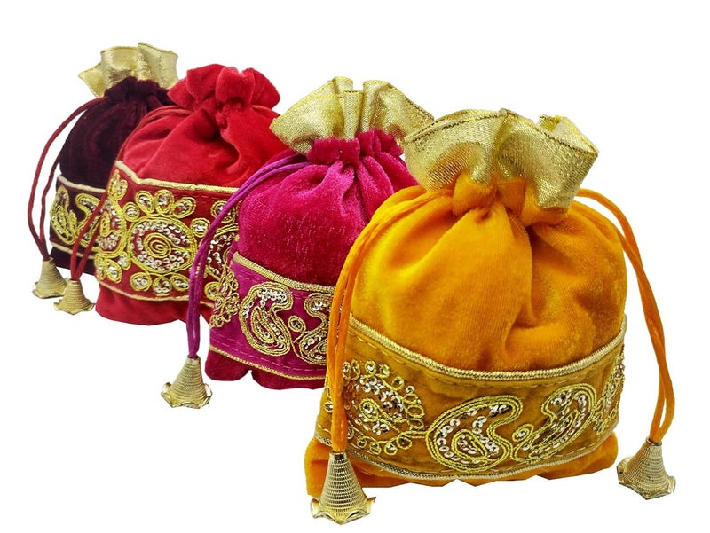 brown leaf Royal Premium 5X6 inch Velvet Potli Bags jewelry Pouch Best for Wedding Anniversary Party Supply Return Gifting Bags Pack Of 12 - Image 1
