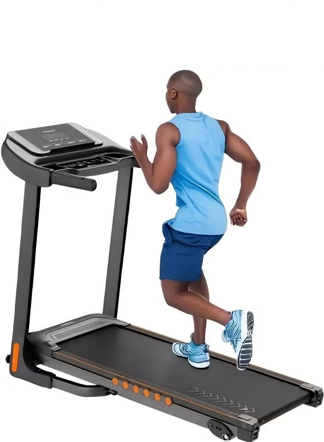 Fitness World Electric treadmill with a capacity of 120 kg, 2.5 horsepower at peak, 4 levels of manual incline, foldable, equipped with an LED screen, USB port, wheels, and MP3. Speed ​​from 1 to 14 km/h. Equipped with wheels for easy movement, shock absorption feature, and hydraulics to prevent the device from colliding with the ground. - Image 1