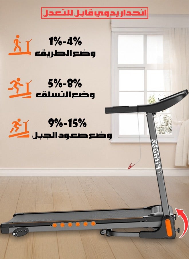 Fitness World Electric treadmill with a capacity of 120 kg, 2.5 horsepower at peak, 4 levels of manual incline, foldable, equipped with an LED screen, USB port, wheels, and MP3. Speed ​​from 1 to 14 km/h. Equipped with wheels for easy movement, shock absorption feature, and hydraulics to prevent the device from colliding with the ground. - Image 5