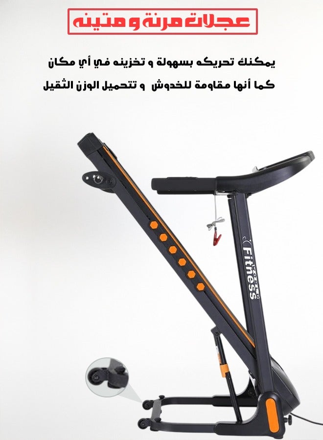 Fitness World Electric treadmill with a capacity of 120 kg, 2.5 horsepower at peak, 4 levels of manual incline, foldable, equipped with an LED screen, USB port, wheels, and MP3. Speed ​​from 1 to 14 km/h. Equipped with wheels for easy movement, shock absorption feature, and hydraulics to prevent the device from colliding with the ground. - Image 4
