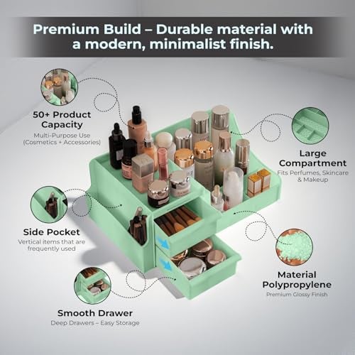 ALOXE Premium Large Makeup Organisers | Upgraded Storage Box and Organiser with Drawers for Dressing Table, Skincare, Makeup Storage & Accessories (Green) - Image 4