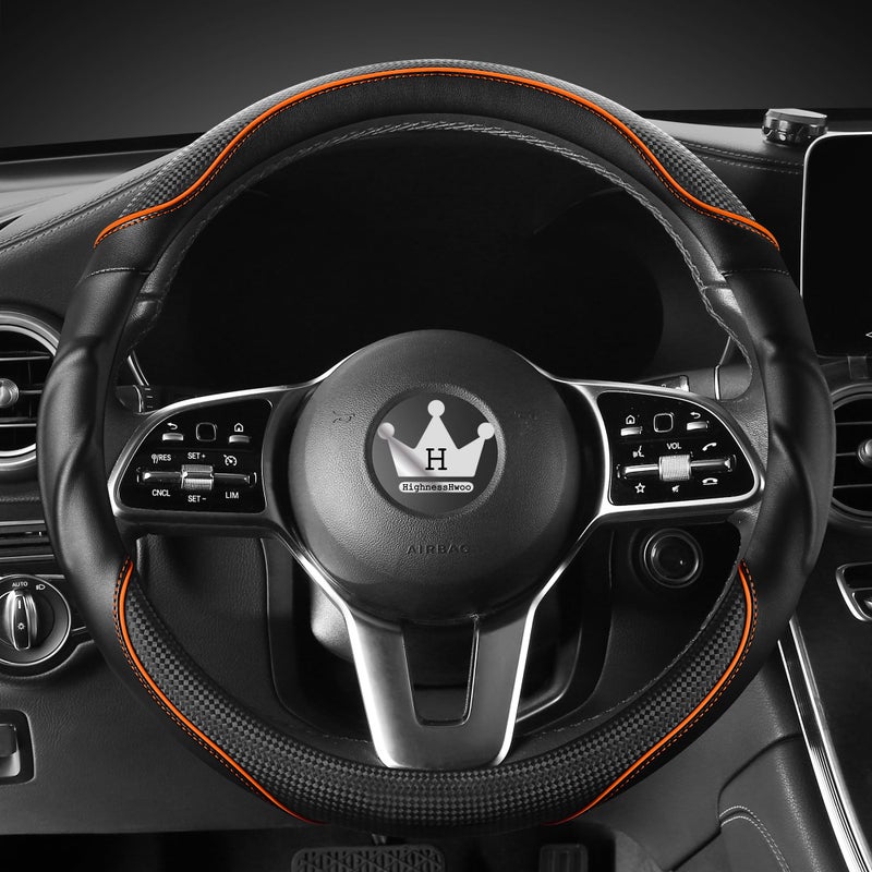 HighnessHwoo 3D Car Steering Wheel Cover Comfort Grip Massage Sporty Anti-Slip Carbon Fiber Faux Leather for Sedan SUV, Universal Fit, Car Handle Covers for All Seasons, 14.75-15.15in, Orange - Image 1