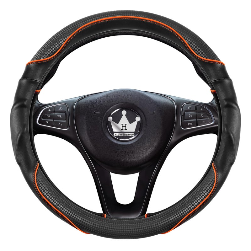 HighnessHwoo 3D Car Steering Wheel Cover Comfort Grip Massage Sporty Anti-Slip Carbon Fiber Faux Leather for Sedan SUV, Universal Fit, Car Handle Covers for All Seasons, 14.75-15.15in, Orange - Image 3