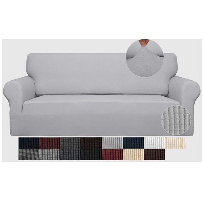 HIGH STRETCH COUCH COVERS FOR 3 CUSHION COUCH 1PIECE EXTRA LARGE SOFA COVERS WITH ELASTIC BOTTOM ANTI SLIP ELASTIC SOFA SLIPCOVER FURNITURE PROTECTOR FOR PETS XL SOFA LIGHT GRAY AND WHITE