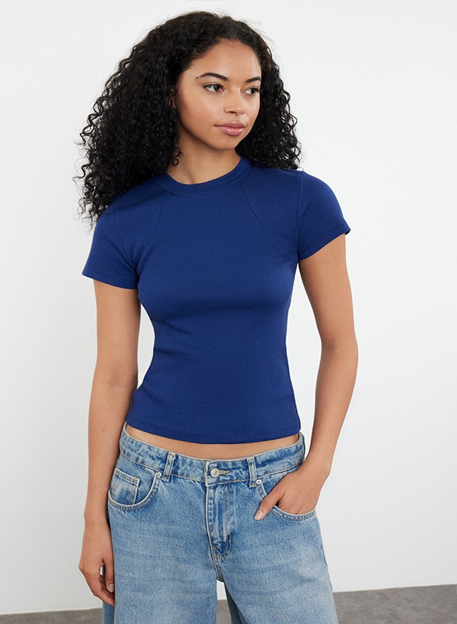 trendyol Navy Blue More Sustainable Fitted Short Sleeve Stretchy Knitted Blouse TWOSS24BZ00440  - Image 1